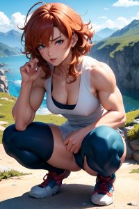 anime,muscular,small tits,80s age,seductive face,ginger,messy hair style,light skin,soft + warm,mountains,close-up view,squatting,nurse