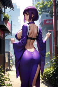 anime,skinny,huge boobs,60s age,pouting lips face,purple hair,bobcut hair style,light skin,cyberpunk,jungle,back view,working out,kimono