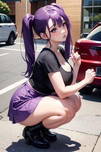 anime,busty,huge boobs,30s age,pouting lips face,purple hair,pigtails hair style,dark skin,comic,club,side view,squatting,mini skirt