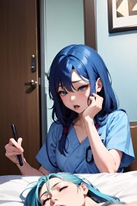 anime,busty,small tits,18 age,shocked face,blue hair,straight hair style,light skin,charcoal,bathroom,close-up view,sleeping,nurse