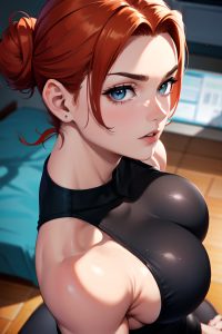 anime,muscular,huge boobs,80s age,seductive face,ginger,hair bun hair style,light skin,charcoal,office,close-up view,on back,goth