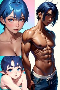anime,muscular,small tits,30s age,ahegao face,blue hair,pixie hair style,dark skin,film photo,strip club,side view,on back,partially nude