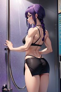 anime,muscular,small tits,40s age,pouting lips face,purple hair,braided hair style,light skin,black and white,shower,back view,yoga,mini skirt