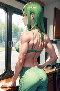 anime,muscular,small tits,40s age,serious face,green hair,straight hair style,light skin,watercolor,bus,back view,cooking,pajamas