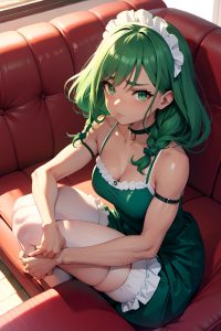 anime,muscular,small tits,60s age,sad face,green hair,braided hair style,dark skin,soft + warm,couch,front view,bending over,maid