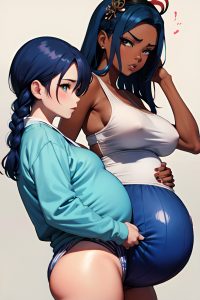 anime,pregnant,small tits,50s age,serious face,blue hair,braided hair style,dark skin,watercolor,strip club,back view,working out,geisha