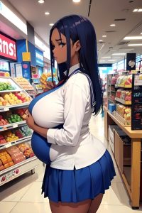 anime,pregnant,huge boobs,60s age,sad face,blue hair,slicked hair style,dark skin,soft + warm,mall,back view,eating,schoolgirl