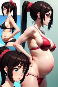 anime,pregnant,small tits,20s age,angry face,brunette,ponytail hair style,light skin,3d,club,side view,working out,bikini