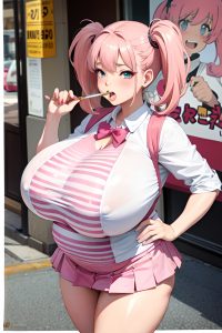 anime,pregnant,huge boobs,60s age,shocked face,pink hair,pigtails hair style,light skin,watercolor,strip club,front view,eating,mini skirt