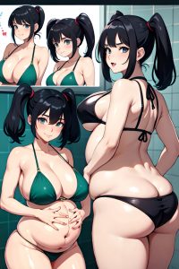 anime,pregnant,huge boobs,20s age,laughing face,black hair,pigtails hair style,light skin,watercolor,bathroom,side view,massage,bikini