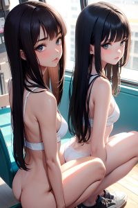 anime,skinny,small tits,18 age,pouting lips face,brunette,bangs hair style,dark skin,soft + warm,bus,back view,squatting,teacher