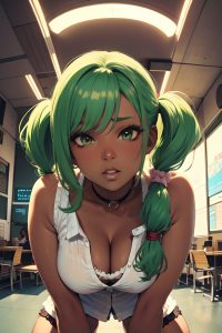 anime,busty,small tits,70s age,seductive face,green hair,pigtails hair style,dark skin,cyberpunk,meadow,front view,straddling,schoolgirl
