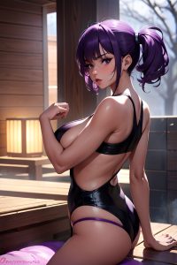 anime,skinny,huge boobs,50s age,pouting lips face,purple hair,bangs hair style,dark skin,cyberpunk,sauna,side view,jumping,schoolgirl