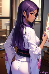 anime,skinny,small tits,30s age,pouting lips face,purple hair,straight hair style,dark skin,painting,office,back view,on back,kimono