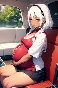 anime,pregnant,small tits,70s age,happy face,white hair,braided hair style,dark skin,skin detail (beta),couch,side view,cooking,mini skirt