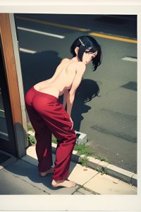 anime,skinny,small tits,40s age,sad face,black hair,pixie hair style,dark skin,film photo,street,back view,bending over,pajamas