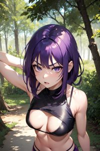 anime,skinny,small tits,40s age,angry face,purple hair,straight hair style,light skin,vintage,forest,front view,yoga,fishnet