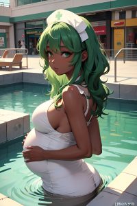 anime,pregnant,small tits,60s age,seductive face,green hair,messy hair style,dark skin,vintage,mall,back view,bathing,nurse