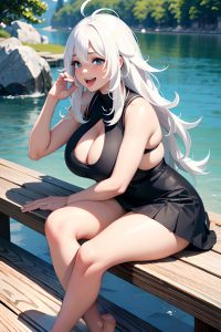 anime,busty,huge boobs,30s age,laughing face,white hair,messy hair style,dark skin,black and white,lake,side view,plank,mini skirt
