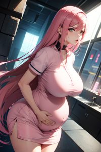 anime,pregnant,huge boobs,20s age,angry face,pink hair,straight hair style,light skin,cyberpunk,cave,back view,eating,nurse
