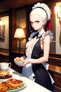 anime,skinny,small tits,70s age,angry face,white hair,slicked hair style,light skin,dark fantasy,pool,front view,eating,maid