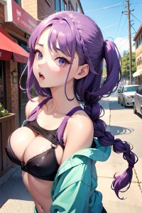 anime,busty,small tits,18 age,shocked face,purple hair,braided hair style,light skin,film photo,bar,side view,plank,bra