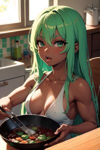 anime,muscular,small tits,20s age,ahegao face,green hair,straight hair style,dark skin,painting,yacht,close-up view,cooking,goth