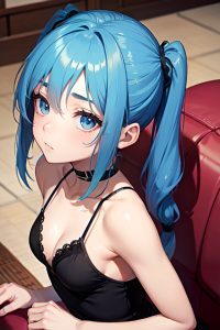 anime,skinny,small tits,20s age,sad face,blue hair,pigtails hair style,light skin,crisp anime,couch,close-up view,massage,goth