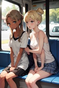 anime,skinny,small tits,60s age,sad face,blonde,hair bun hair style,dark skin,soft anime,bus,front view,bathing,schoolgirl