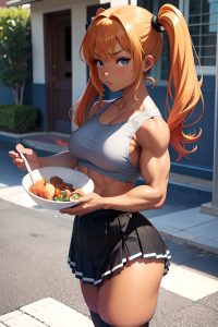 anime,muscular,small tits,50s age,serious face,ginger,pigtails hair style,dark skin,black and white,street,side view,cooking,mini skirt