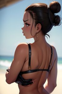 anime,busty,small tits,40s age,angry face,brunette,hair bun hair style,dark skin,charcoal,prison,back view,massage,latex