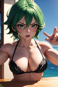 anime,muscular,small tits,30s age,angry face,green hair,messy hair style,light skin,3d,moon,close-up view,eating,lingerie