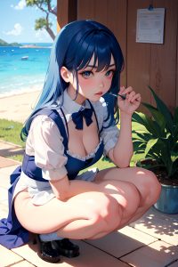 anime,busty,small tits,70s age,pouting lips face,blue hair,straight hair style,light skin,painting,underwater,side view,squatting,maid