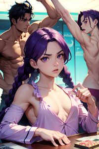 anime,muscular,small tits,20s age,serious face,purple hair,braided hair style,light skin,comic,casino,close-up view,spreading legs,pajamas